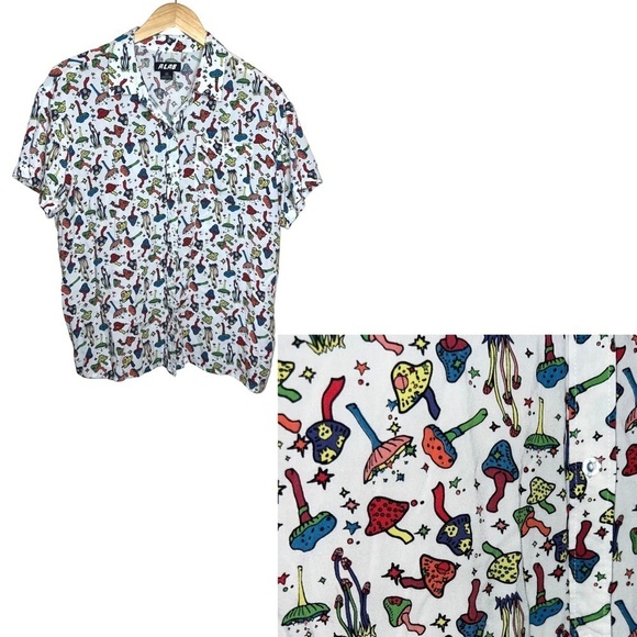 A-LAB Unisex Short Sleeved Button Down Trippy Mushroom Shirt Size Medium - Picture 2 of 15
